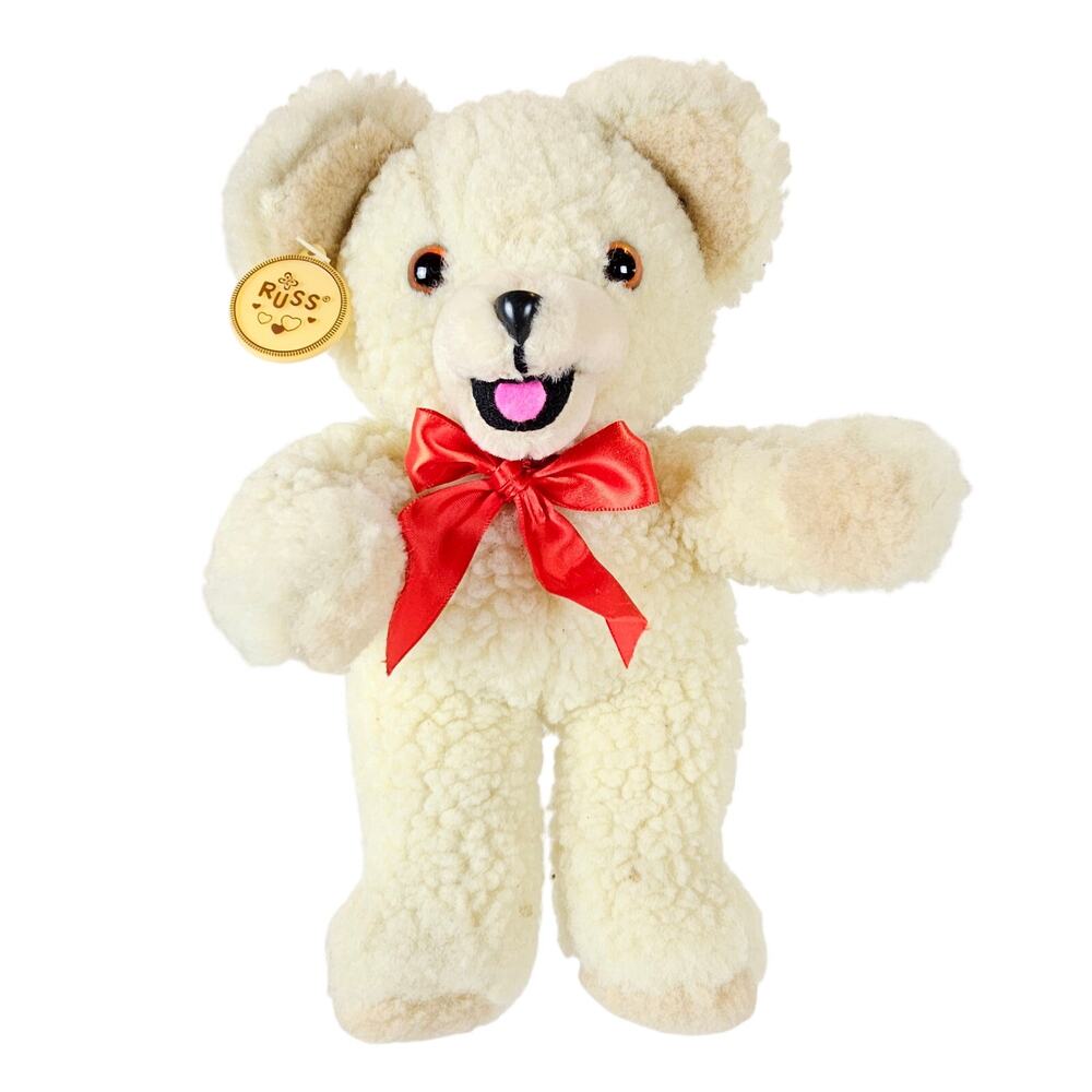 Snuggle Teddy Bear Plush Stuffed Animal Cream White Red Bow Toy Vintage Russ